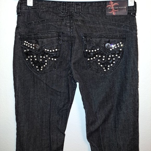 Jeans De Fleur Juniors Size 11 Black Bootcut Rhinestone&Leather Flap Pocket Jean - Picture 1 of 12